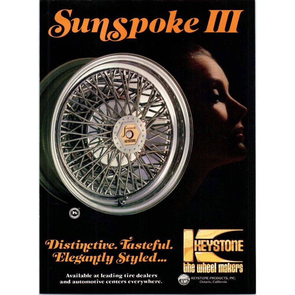 1979 Keystone Sunspoke III Wire Wheel Vintage Print Ad Woman Silhouette Wall Art